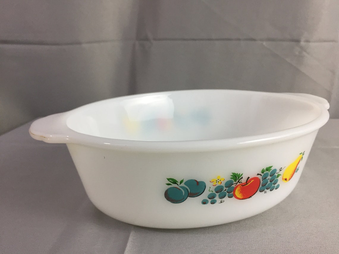 Fire King FRUIT Pattern White Milk Glass Casserole Dish 2 QT Etsy