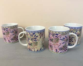 Cottagecore Lavender Bouquet Pastel Pink + Blue Coffee Mugs SET OF 4 Vintage 1980s Ceramic Cups Made in Japan