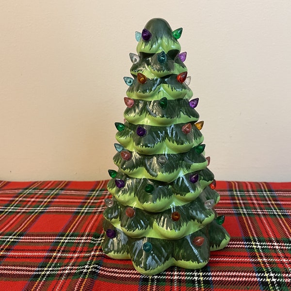 Handpainted Green Ceramic Christmas Tree with LED Lights Retro Vintage 8 Inch Tabletop Holiday Decor