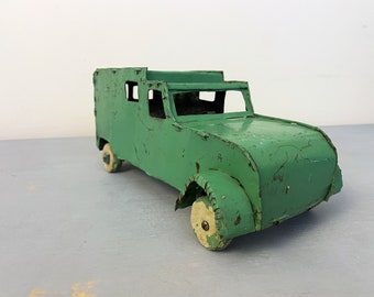 Handmade Tin Toy Truck Depression Era Green Vintage 1930s Upcycled Folk Art