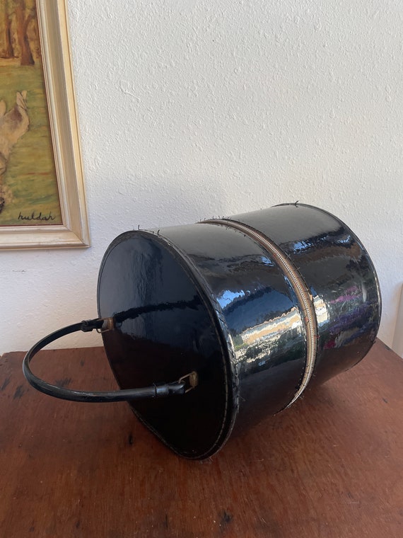 Large Black Patent Leather Round Hat Box with Handle … Gem