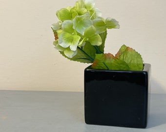 Black Glazed Square Ceramic Jardiniere Pot 4 Inch Vintage 1990s Indoor Planter