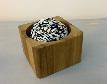 Ready Made Art Object Black + White Ball of String in Carved Wooden Square Bowl