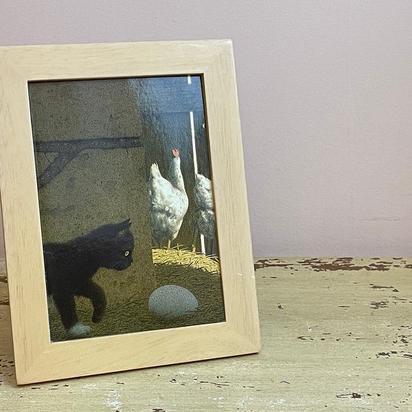 Black Cat + Farmhouse Chicken Print Framed 5 X 7 Inch Vintage Blonde Wood Ikea Frame