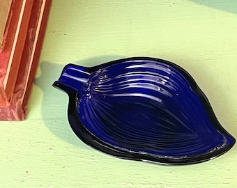 Cobalt Blue Glass Little Leaf Ashtray Vintage 1950s Tabaccania Home Decor