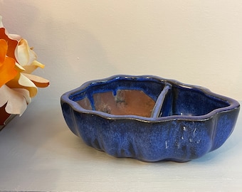 Marine Blue Glazed Terracotta Ceramic Bonsai Pot Vintage 1980s Garden Planter