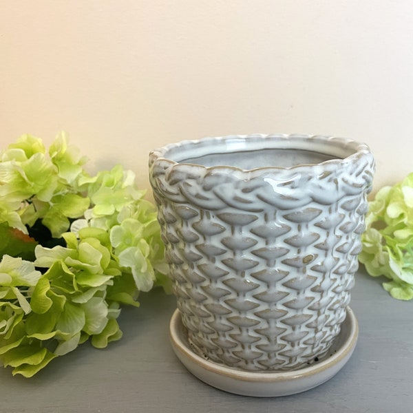 White Wicker Ceramic Pot wih Saucer Retro English Cottage Style Planter