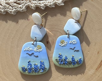 Handcrafted Beautiful Texas Bluebonnet Polymer Clay Dangles