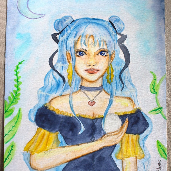 Moon Princess Watercolor Painting Original