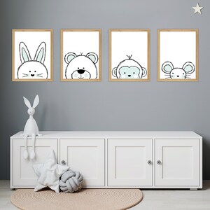 Nursery Wall Art Printable - Cute Animal Sketch BUNDLE - Teal | Set of FOUR prints | Nursery Wall Decor | Printable Nursery Art