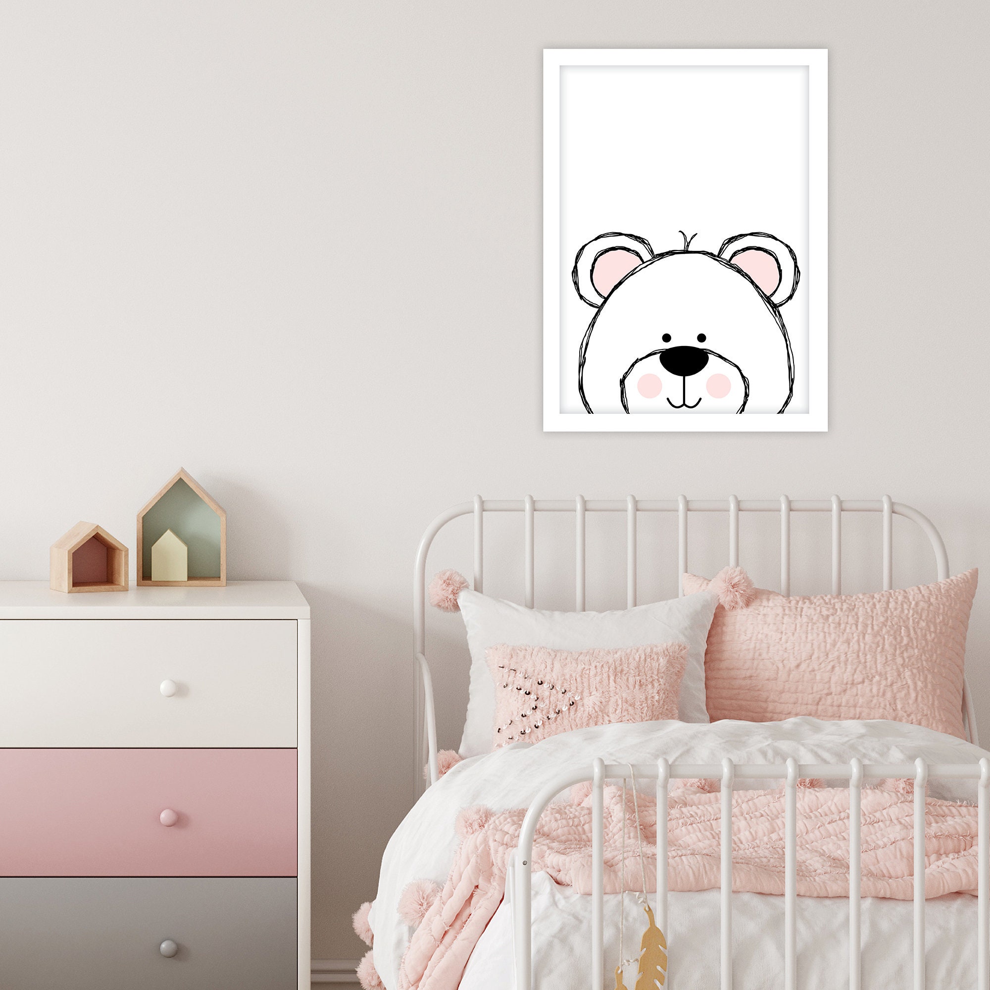 Nursery Wall Art Printable Bear Head Sketch Pink Nursery | Etsy