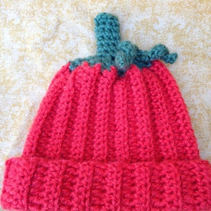 May include: A crocheted hat in the shape of a pumpkin. The hat is red with a green stem.