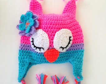 Crochet Owl Hat, Braided Ear Flaps, Toddler to Adult