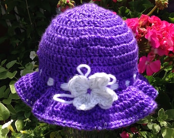 Crochet Purple Floppy Sun Hat, Sparkle Flower, Toddler Spring Hat