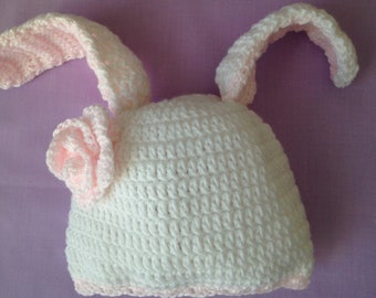 Crochet Bunny Hat, Floppy Ears, Pink Flower, Baby Toddler Child