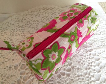 Floral Quilted Makeup Bag, Pink & Lime Green, Travel Cosmetic Bag