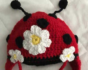 Crochet Ladybug Hat, Flower Garden, Toddler Earflap Beanie