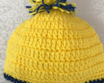 Crochet Baby Beanie Hat, Yellow Blue Sparkle Trim, Pom-Pom