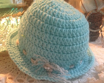 Crochet Floppy Sun Hat, Turquoise Toddler Hat with Pearl Accent