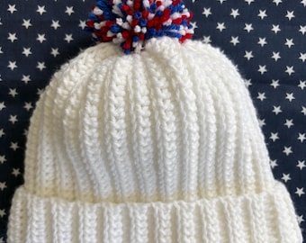 Crochet White with Pom-Pom Team USA Inspired Hat, Patriotic Crochet Hat, Handmade Olympics Fan Gear, Red, White and Blue Pom-Pom White Hat.