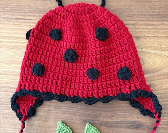 Crochet Ladybug Earflap hat, Spring Garden hat, Enchanted hat, Unique Adult Hats