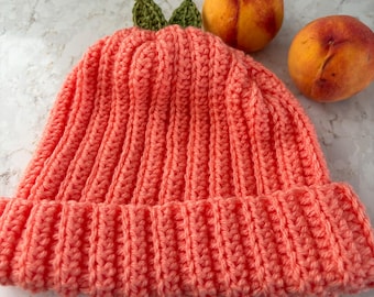 Crochet Peach Hat, Unique Fruit Hats, Unisex Hats, Peach Fest Photo Props, Peach picking Hats, Pretty as a Peach Hat, Family Photo Hats