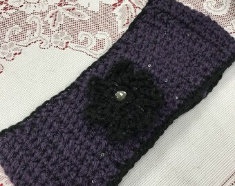 Handmade Sparkle Ear Warmer, Black and Purple Headband