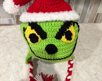 Crocheted Grinch Christmas Hat, Ear Flaps and Braids, Unique Hats
