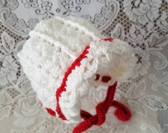 Crochet Baby Bonnet Hat, White with Red Trim