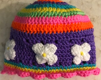 Crochet Rainbow Child's Hat, Daisy Flowers, Sparkly Colorful Beanie