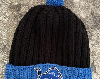 Detroit Lions Crochet Hat, Black and Blue Winter Beanie