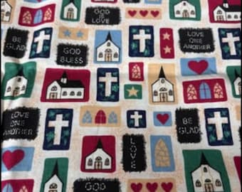 Quilting Fabric, Vintage Fabric, Cotton Fabric, Church Print