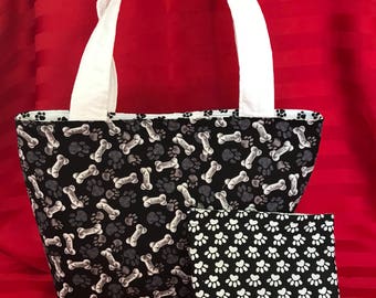 Dog Bone Print Quilted Tote Bag, Travel Pet Lovers Gift