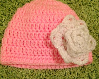 Handmade Pink Crochet Baby Beanie with White Sparkle Flower