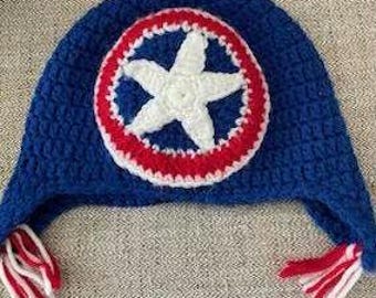 Crochet Captain America Beanie, Ear Flap Hat, Unique Adult Hats