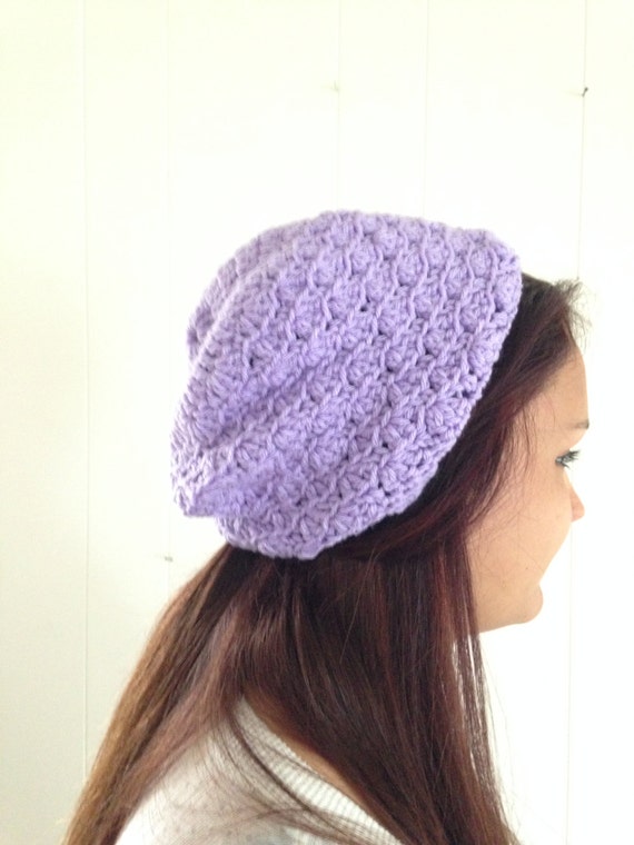 Crochet Purple Mauve Handmade Slouchy Beanie Hat Purple crochet beanie with flower and pompom main image 2
