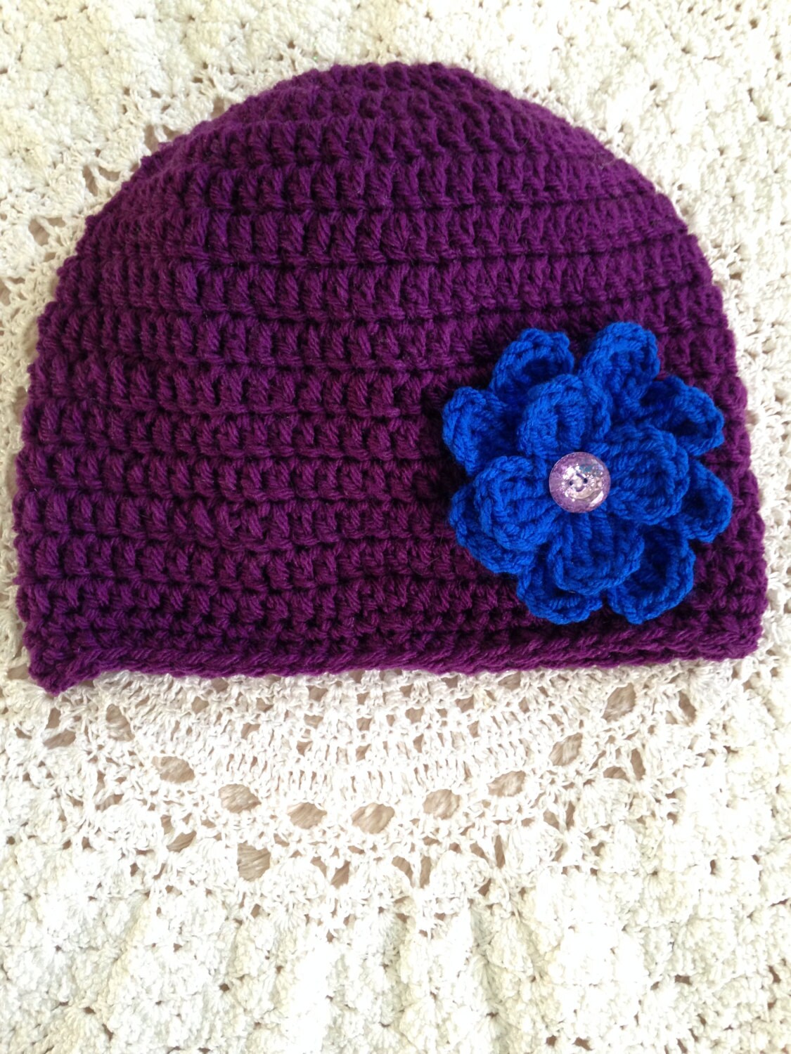 Handmade Crochet Purple Beanie Hat With Blue Flower - Etsy