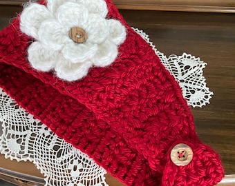 Crochet Red Headband with White Flower, Ear Warmer