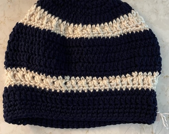 Handmade Crocheted Beanie, Navy and Off White Striped Hat