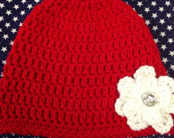 Crochet Red Beanie Hat, Sparkle Flower, Toddler Girls