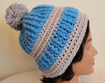 Handmade Crochet Blue and Ghiray Pom-Pom Beanie, Unisex Hat