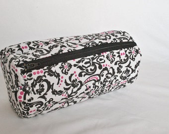 Quilted Toile Makeup Bag, Black White Pink, Hand Crafted Travel Bag