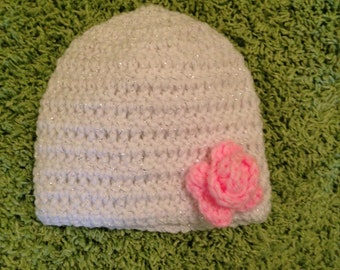 White with Flower Crochet  Beanie, Crochet White Baby Hats, Crochet Flower Hats, Toddler Hats, Girls Hats, Kids Winter Hats