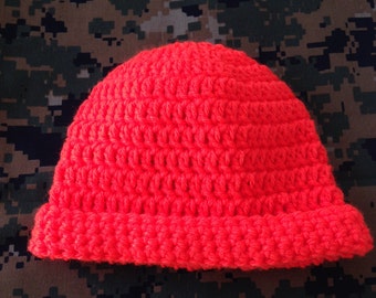 Handmade Crochet Hunter Orange Baby Hat, Soft Yarn