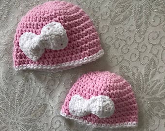 Handmade Crochet Baby Beanie, Pink and White, Bow Hat