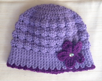 Crochet Purple Beanie, Flower Rhinestone Detail, Toddler Beanie