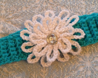 Crochet Elsa Headband, Blue Snowflake Rhinestone Headband