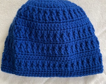 Handmade Crochet Beanie Hat, Unisex Blue Winter Hats