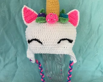 Crochet Unicorn Earflap Hat, Rainbow Braids, Sparkle Flowers