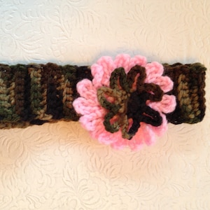 Crochet Headband, Pink and Camo Headband, Camo and Pink Flower Headband, Flower Headband, Hair Accessories, Headbands,